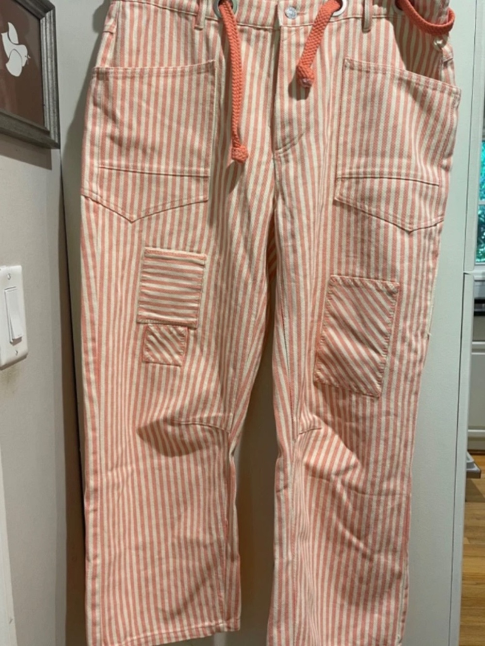 BiBi Zegas Striped Twill Barrel Pants Coral White Patchwork Women's XL NWT